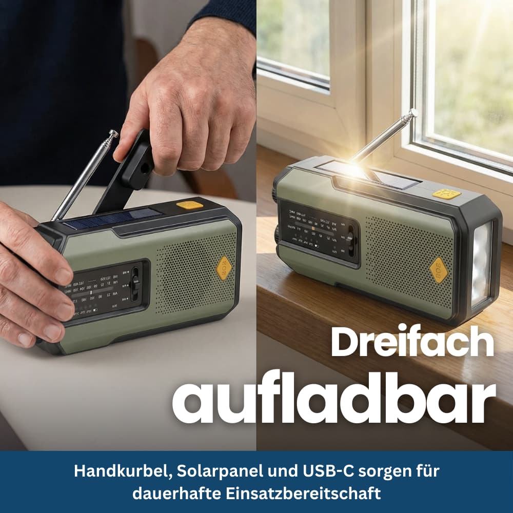 Compact Emergency Radio with Solar, Hand Crank & SOS Function