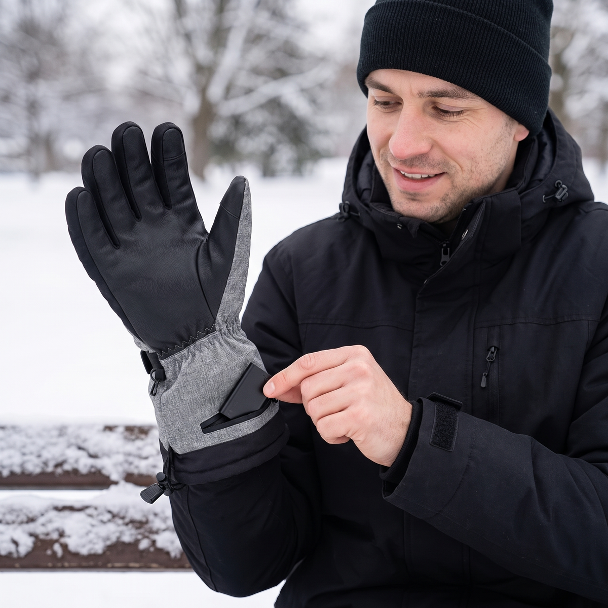 Kompakte Powerbank wird in das Reißverschlussfach auf der Handflächen-Unterseite des Handschuhs geschoben