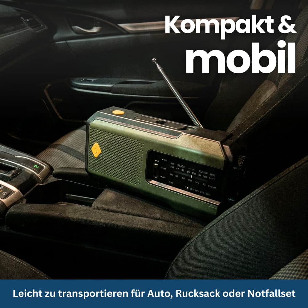 Compact Emergency Radio with Solar, Hand Crank & SOS Function