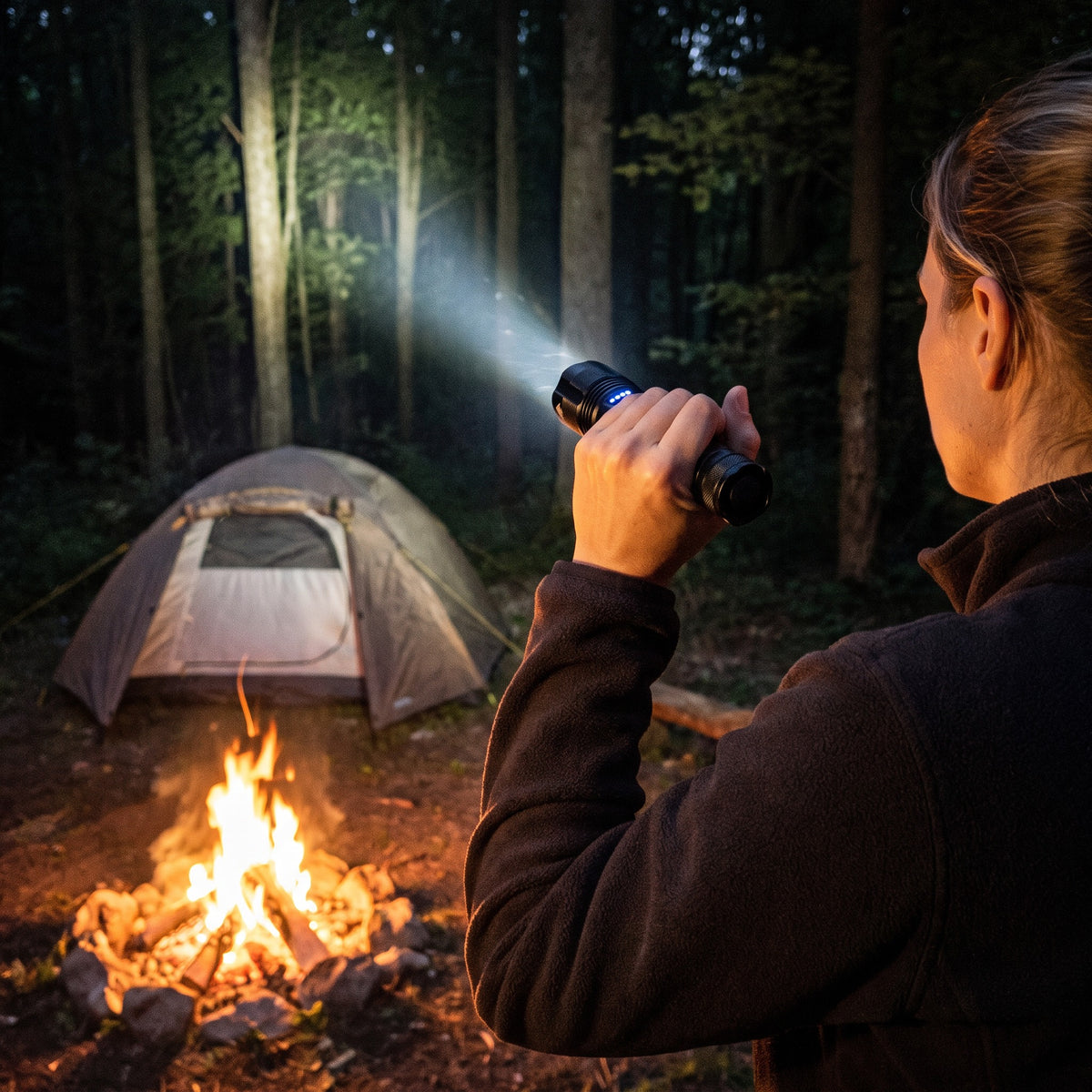 Taschenlampe leuchtet den Wald am Zeltplatz aus