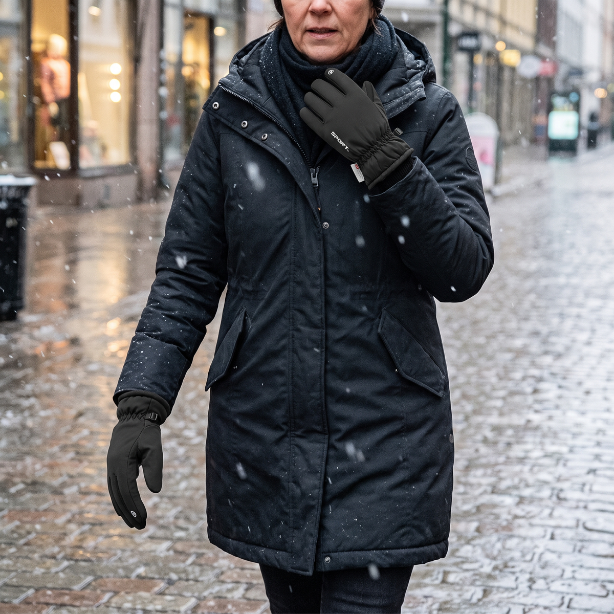 ThermoSmart Handschuhe bei Schneeregen in der Stadt